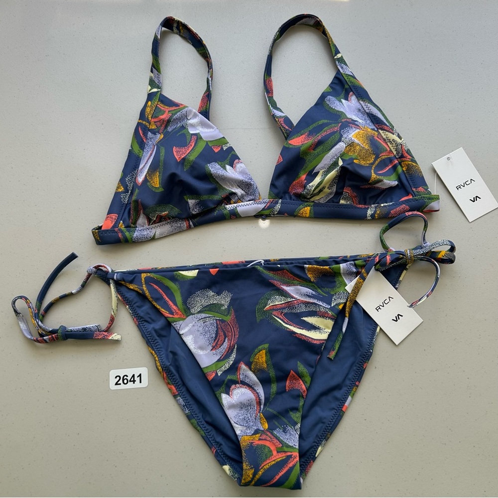 RVCA Navy Floral Triangle Bikini Top and Tie-Side Bottoms